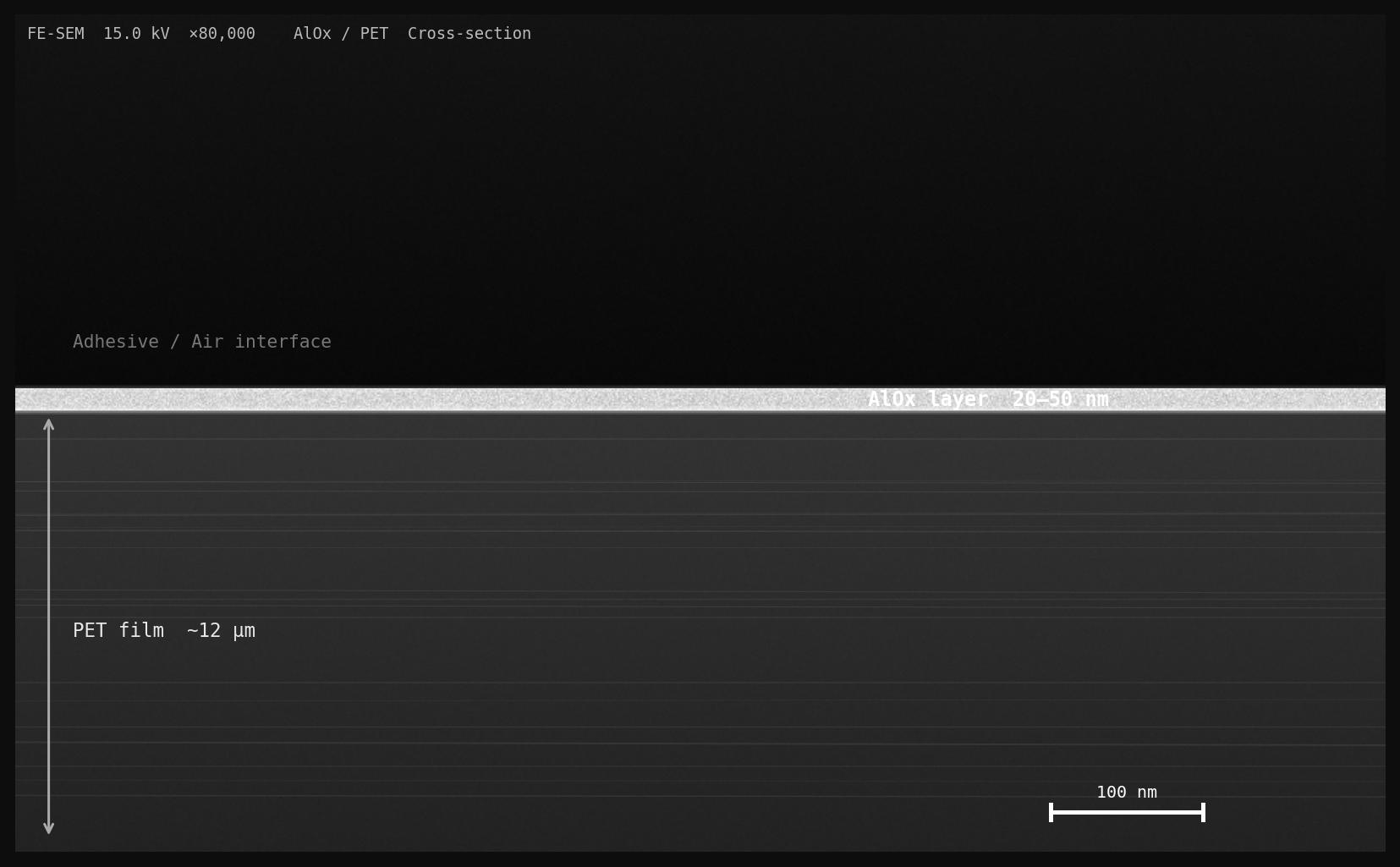 AlOx 三氧化二鋁薄膜 FE-SEM 截面示意圖 — PET 基材上 20–50 nm AlOx 鍍層結構