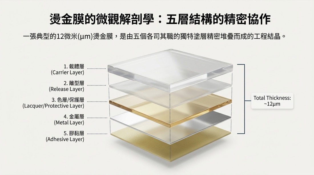 熱燙金箔五層結構剖面示意圖：載體薄膜、離型層、金屬色層、黏著層、定型層