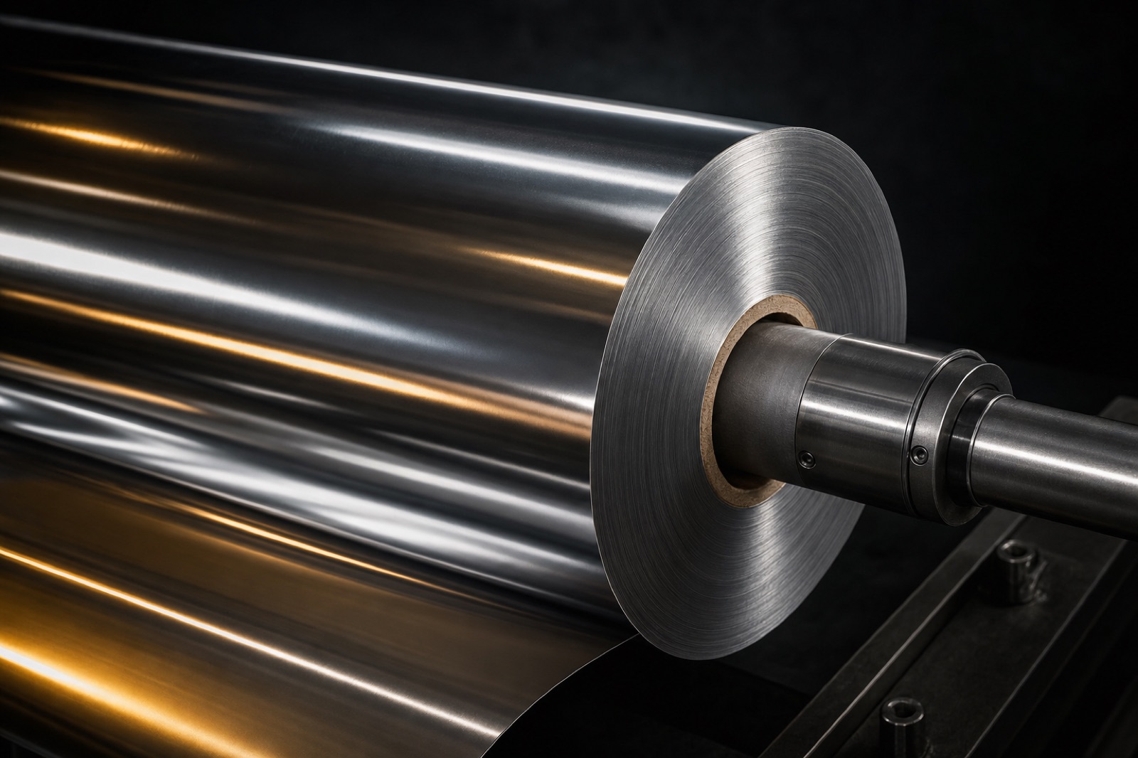 Rotolo di film di trasferimento metallizzato su una laminatrice industriale, riflessi dorati e argentati sulla superficie della lamina