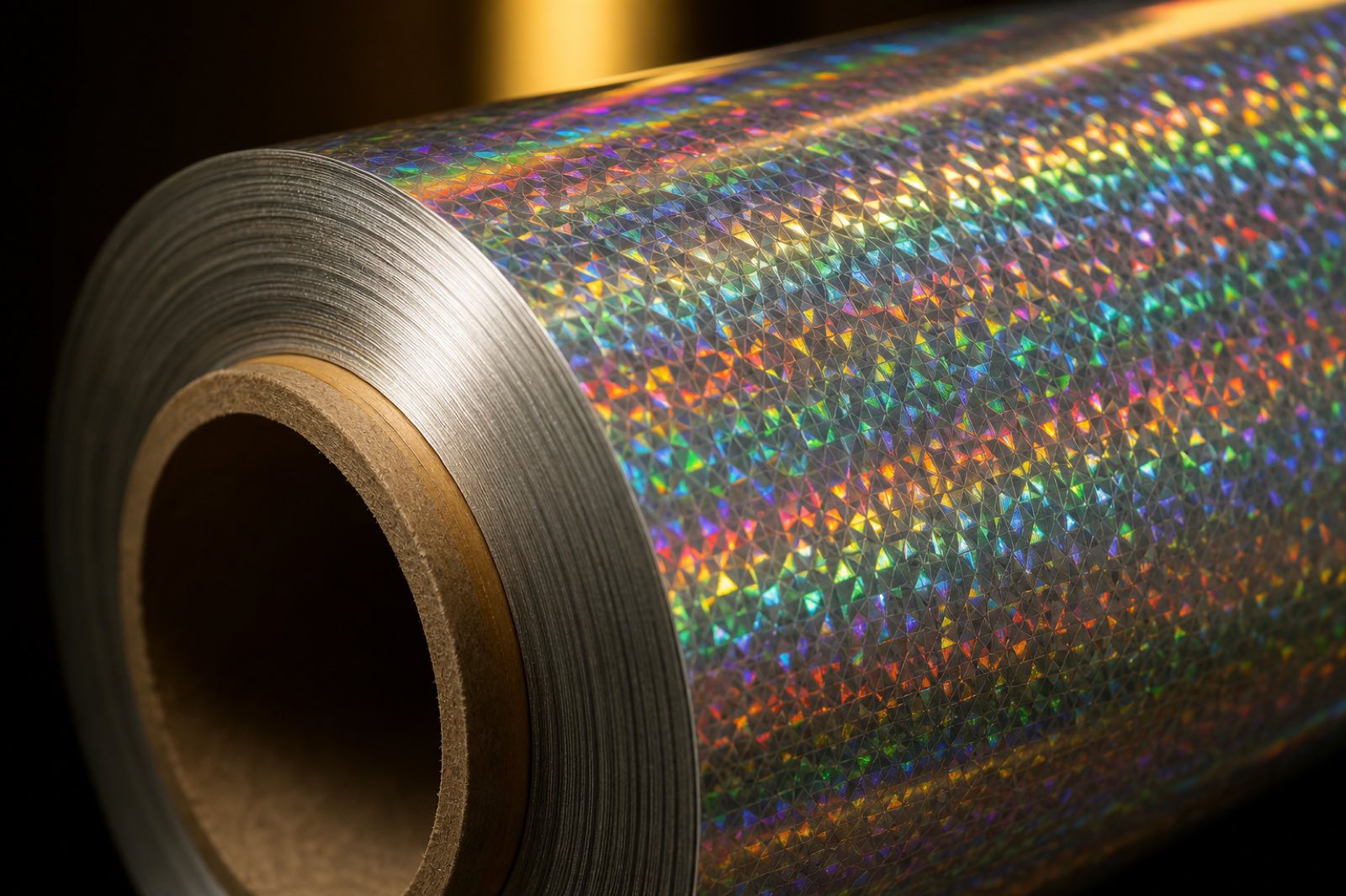Dettaglio ravvicinato di un rotolo di lamina di trasferimento olografico argentato che mostra un modello di diffrazione arcobaleno su una base argentata metallizzata