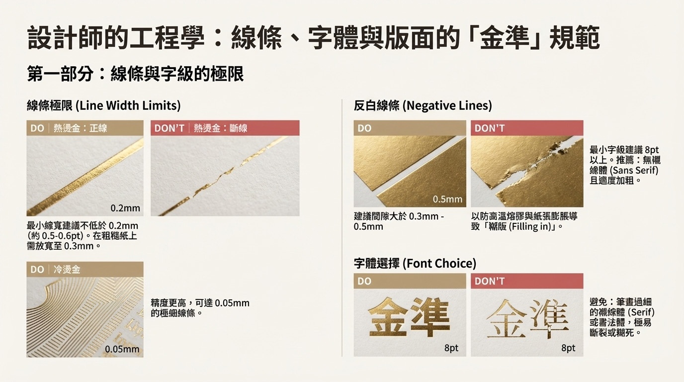 燙金線條與字體規範 — 最小線寬 0.2mm 反白線條 字體選擇 DO DON'T hot stamping line width font choice guidelines