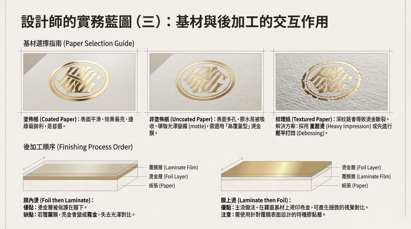 基材的影響力 紙張紋理與表面塗層 Coated Paper Uncoated Paper Textured Paper 膜上燙 vs 膜內燙